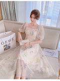 Kukombo Sweet Mesh Lace Fairy Dress Summer Woman Puff Sleeve Embroidery Floral Elegant Romantic Princess Dresses For Party Night Vestido