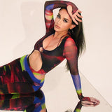 Kukombo Cyber Monday Sales Summer Casual Bodycon Slim Tight Dress Tie Dye Printed Long Sleeve Hollow Out Maxi Dresses For Women Party Club Vestido De Mujer