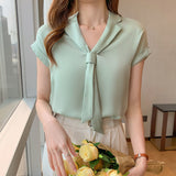 Kukombo Summer New Korean Style Trendy Streamer V-Neck Shirt Tie Collar Short Sleeve Solid Color Blouse Office Lady Shirt For Women