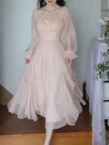 Kukombo Summer Pink Chiffon Vintage Fairy Dress Women Korean Style Elegant Party Midi Dress Female Court Retro Flare Sleeve Dresses