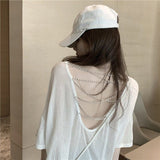 Kukombo  New Casual T-shirt Women Net Red Design Sense Back Pearl Halter Loose Sunscreen Sexy White Chain Hollow Out Female Ins Tide Top
