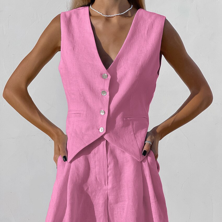 Kukombo Kukombo Women Cotton Linen Waistcoat Shorts Sets Summer Solid Single Breasted Vest Tops Two Piece Set Basic Tops Wide Leg Shorts Outfits