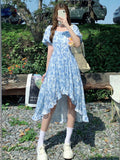 Kukombo Sweet Blue Floral Maxi Dresses For Women Summer New High Waist Irregular Short Sleeve Chiffon Mini Dress Woman