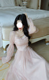 Kukombo Elegant Evening Party Midi Dress Women Bubble Sleeve French Vintage Sweet Dress Female Pink Korean Style Fairy Dress Autumn