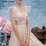 Kukombo New Elegant Strap Dress Women Spring Summer Elegant Embroidery Flora Bodycon Dress Woman Party Sleeveless Beige Clothing