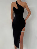 Kukombo New Women Sexy One Shoulder Crystal Diamonds Black Pink Midi Bodycon Bandage Dress 2023 Elegant Split Evening Party Dress