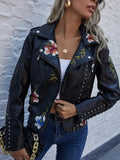 Black Friday Sales Women Retro Floral Print Embroidery Faux Soft Leather Jacket Coat Streetwear Rivet Pu Moto Biker Black Punk Outerwear