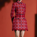 Kukombo Vintage Red Lace 2 Piece Sets Women Turn-Down Neck Tops And High Waist Skirt 2022 Fashion Design Dress Sets Women