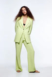 Kukombo Women's Green Leisure Lapel Long Sleeves Blazer Suit Female Loose High Waist Straight Trousers 2 Piece Set