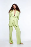 Kukombo Women's Green Leisure Lapel Long Sleeves Blazer Suit Female Loose High Waist Straight Trousers 2 Piece Set