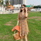 Kukombo Summer Vintage Chiffon Floral Dress Women Fashion Elegant Short Sleeve V-Neck Ruffled Mini Dresses Female