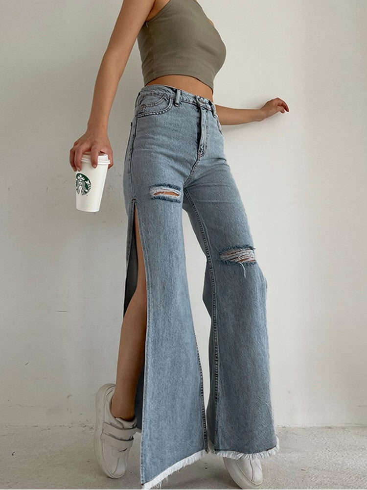 Cyber Monday Sales Summer Casual Y2k Pants Straight Leg High Slit High Waisted Streetwear Washed Jeans For Women 2022 Pantalones Vaqueros Mujer