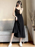 Kukombo New Summer Fashion Chiffon Suspender Dress V-Neck Over-The-Knee A-Line Long Skirt With Lace-Up Bottom Temperament Female Skirt