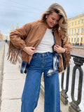 Kukombo Vintage Solid Zippers Tassel Jacket Women O-neck Long Sleeve Pockets Ruched Spliced Short Coat Fashion Highstreet Outerwear