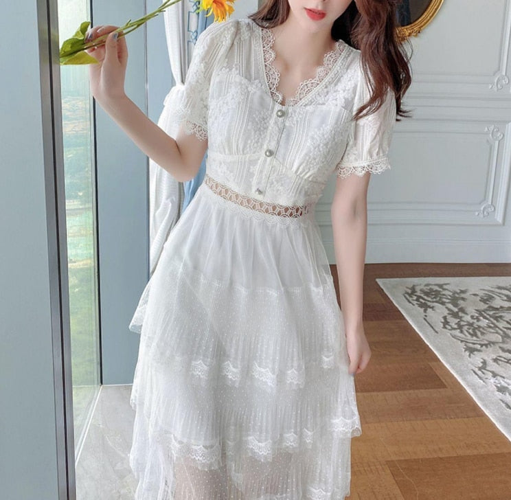 Kukombo Niggeey Summer Elegant White Lace Dress Women V-Neck Layerd Ruffle High Wiast Fairy Dresses One Piece Dress Korean Fashion