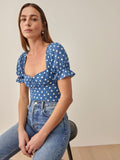 Kukombo Summer Women Blue Polka Dot Print Shirt Retro Elastic Ruched Back Square Collar Short Sleeve Short Blouse Tank Tops
