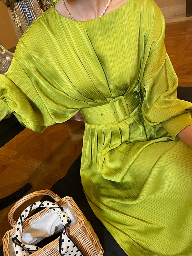 Kukombo Zjkrl Elegant Solid Dress For Women Slash Neck Lantern Sleeve Sashes Lace Up Midi Dresses Female Spring Clothing New
