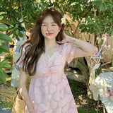Kukombo Sweet Elegant Fairy Dress Women Summer 2022 Casual Kawaii Party Mini Dress Female Lace Puff Sleeve Evening Korean Fashion Dress