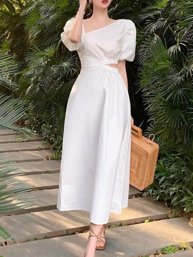 Kukombo Elegant Casual White Black Summer Dress for Women Vintage Hollow Out Party Birthday Midi Vestidos Female Fashion Chic Clothes