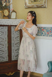 Kukombo Women's Summer Short Sleeve Floral Dress Square Neck Lace Sweet Retro Chiffon Midi Dress Elegant Ladies Dress High Waist Cutout