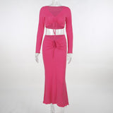 Kukombo Autumn Two Piece Skirt Set Women V Neck Long Sleeve T-shirt And Long Skirt Ladies Skirt Sets Pink Hoco Dress