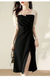 Kukombo Fashion Little Black Dress Women New High Waist Patchwork A-Line Chiffon Long Dresses Female 2022 Summer