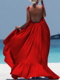 Kukombo Summer New Women's Dress Fashion Suspender Beach Skirt Loose Solid Color Lace Open Back Large Swing Women's Long Dress