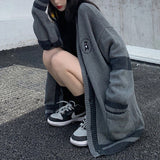 Thanksgiving Gift Korean Style Grey Solid Cardigan Sweater Women Preppy Fashion V-Neck Oversize Knitted Jumper Female Fall Streetwear Top