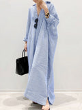 Kukombo Summer New Dress Fashion Cotton Linen Striped Cardigan Loose Large Casual Temperament Commuter Irregular Women's Long Dress