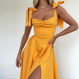 Kukombo Zjkrl Elegant Slit Midi Dress Outfits For Women Summer Holiday Sundresses Sexy Backless Bow Tie Gown Vestido