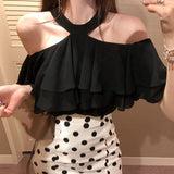 Kukombo  Off Shoulder Halter Sexy Chiffon Blouse Women 2022 Korean Ruffles Summer Woman Shirt Short Sleeve Solid Loose White Black Tops