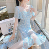 Kukombo Niggeey Chic Elegant Blue Chiffon Women's Summer Dress Vintage Short Flare Sleeve Split Fairy Dresses One Piece Dress Korean