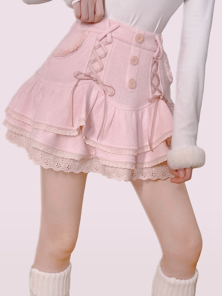 Kukombo Japanese Kawaii Lolita Mini Skirt Women Winter Lace Casual Elegant Sweet Female Skirt High Waist Bandage Korean Skirt 2022 New