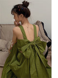 Kukombo 2022 Fashion Elegant Green Dresses New Summer Sling Sweet Dress Sexy Backless Bow Tie Lace Up Clothe Women Vestiods