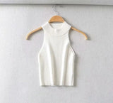 Kukombo Vintage High Neck Ribbed Knitted Tank Tops Female Summer Casual White Solid Stretch Crop Top for Women Clothing 2022 NEW