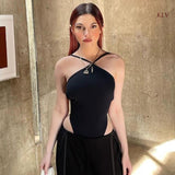 Kukombo Women Sleeveless Halter Strappy Cami Bodysuit Top Crisscross Backless Spaghetti Strap Solid Color Bodycon Jumpsuits