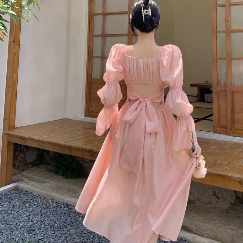Kukombo Spring French Sweet Vintage Solid Square Collar Women Dress Elegant Flare Sleeve Robe Backless Bowknot Casual Vestidos De Mujer