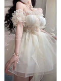 Kukombo Summer New Sweet Lace Floral Kawaii Princess Dress 2023 Japanese Cute Girl Thin Waist Mini A-line Birthday Party Evening Dress
