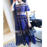 Kukombo Runway Blue Lace Dresses For Woman Hollow Out Evening Party Dress Woman Clothing New Summer Short Sleeve Long Self Dress