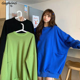 Kukombo No Hat Hoodies Women O-Neck Solid Simple Pocket Plus Velvet Comfortable Warm Basic Leisure Spring Autumn All-Match Chic Thick