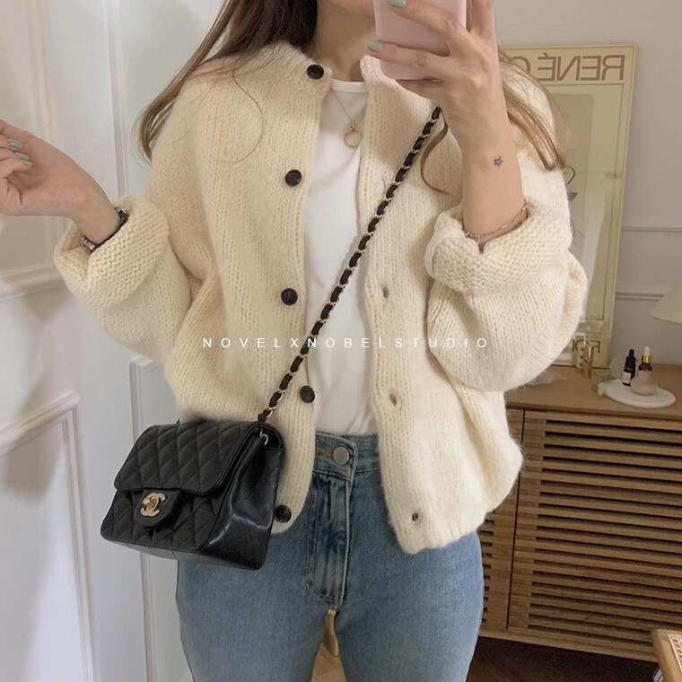 Kukombo Women's Sweaters Cardigan Oversize Knitting Fall Winter Sweater Vintage Buttons White Cardigans Woman Knitted Long Sleeve Loose