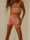 Kukombo  2022 Summer Knitted Print Sports Shorts Suit Tracksuit Women Sexy Beach Outfits Strap Top High Waist Shorts Two Piece Set