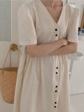 Kukombo Summer New Fashion Women's Long Skirt Loose Cotton And Linen V-Neck Temperament Commuter Long Single-Breasted Casual Dress