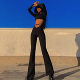 Kukombo Women Sexy High Waist Bodycon Leggings Bell Bottom Pants Black Lace Up 2022 Flare Pants Female Party Skinny Wide Leg Pants