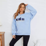 Kukombo Sky Blue Oversized Fleece Sweatshirt Korean Style Cotton Long Sleeve Pullover Round Neck Cute Bear Graphic Sweatshirt For Women