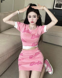 Kukombo Back to school outfit Women Knit 2 Piece Set Sexy Girl Letter Printing Color Matching Short Top Slim Bodycon Skirt Fashion Female Sweet Suit