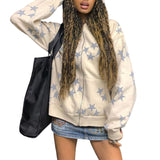 Kukombo Star Print Women's Long Sleeve Sweatshirt Loose Fit with Pocket Harajuku Style Hoodie Cardigan Unisex Casual Fall Coat