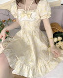 Kukombo 2022 Summer Casual Sweet Party Fairy Dress Women Bow Yellow Floral Elegant Vintage Dress Female Puff Sleeve Retro Princess Dress