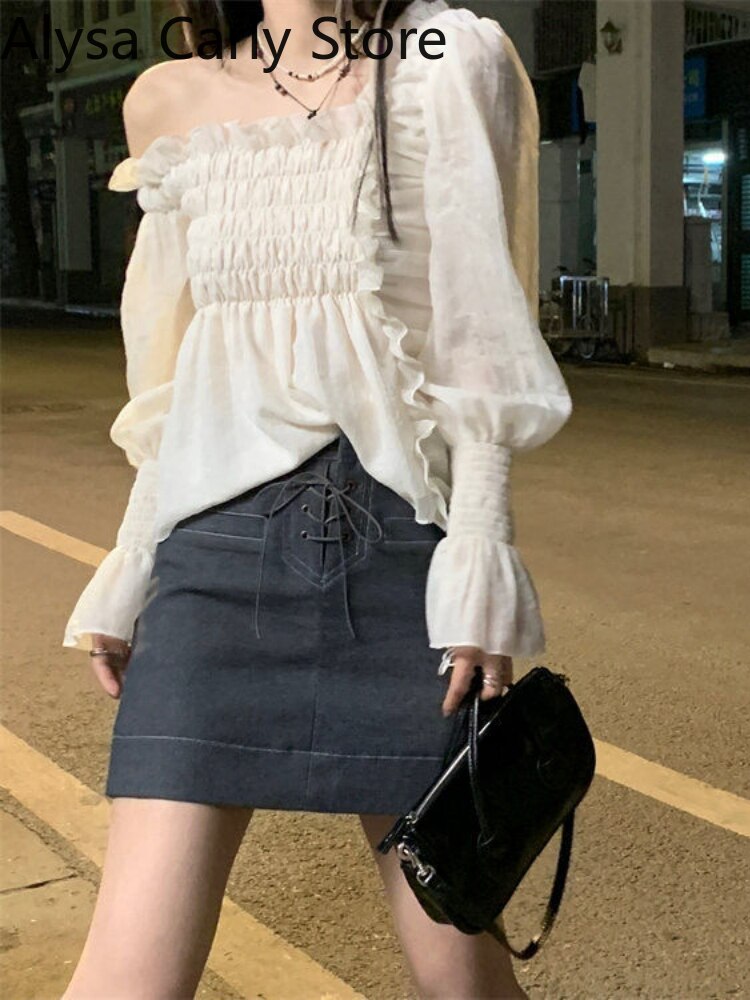 Kukombo 2022 Summer Elegant Chiffon Blouse Women Pure Color Casual Long Sleeve Y2k Crop Tops Female French Vintage Korean Style Shirts