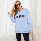Kukombo Sky Blue Oversized Fleece Sweatshirt Korean Style Cotton Long Sleeve Pullover Round Neck Cute Bear Graphic Sweatshirt For Women